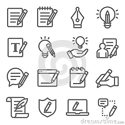 Copywriting icons set vector illustration. Contains such icon as content, writing, ideation, storytelling, editing and more. Expan Vector Illustration