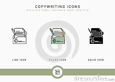 Copywriting icons set vector illustration with solid icon line style. Journalist text publication concept. Vector Illustration