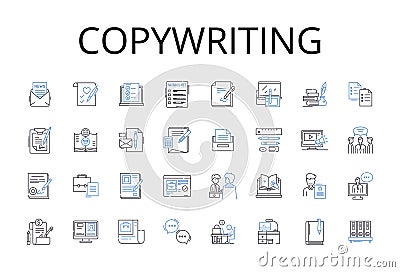 Copywriting line icons collection. Content writing, Blogging, Article writing, Web writing, Marketing writing, Technical Vector Illustration