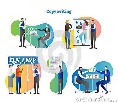 Copywriting vector illustration collection set. Creative work with freelance editor, author and marketing people for media or ad. Vector Illustration