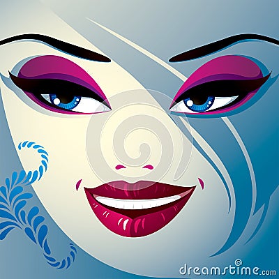 Coquette woman eyes and lips, stylish makeup and hairdo. People Vector Illustration