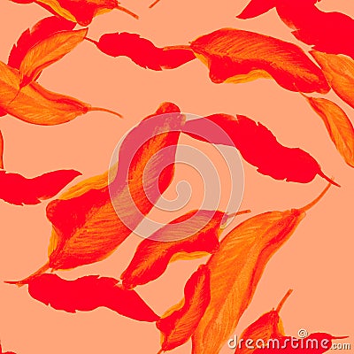 Coral Banana Background. Scarlet Seamless Leaves. Red Tropical Background. Pattern Garden. Watercolor Textile. Floral Jungle. Summ Stock Photo