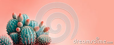 Coral Blue colored Cactus on pink bright pastel background. Trendy tropical cacti plant close-up. Sweet coral cacti Mood. Copy Stock Photo