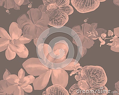 Coral Botanical Leaves. Fuchsia Orchid Decor. Gray Hibiscus Textile. Pink Flower Garden. Watercolor Textile. Seamless Foliage. Pat Stock Photo