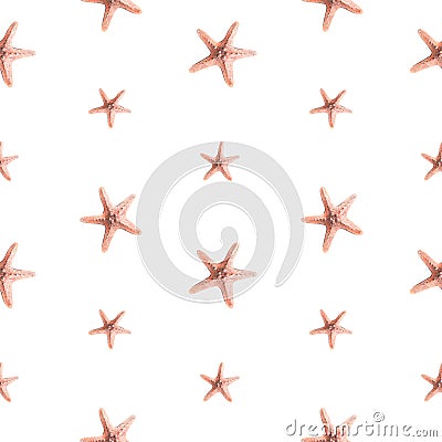 Coral colored starfish on a white background. Watercolor illustration. Seamless pattern from the collection of JELLYFISH Cartoon Illustration