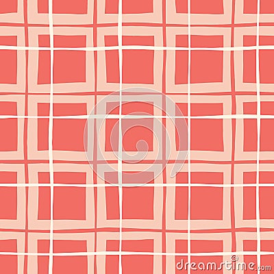 Coral Hand-Drawn Plaid Vector Seamless Pattern. Whimsical Modern Classic Tartan Background Vector Illustration