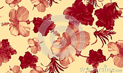 Coral Hibiscus Painting. Red Flower Garden. Scarlet Seamless Backdrop. Rusty Watercolor Plant. Pattern Leaves. Tropical Painting. Stock Photo