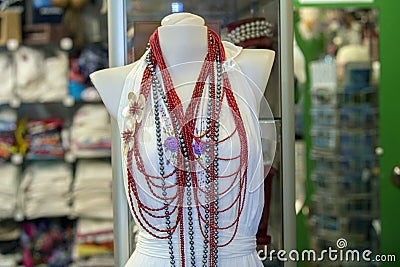 Coral necklage on mannequin at the market Stock Photo