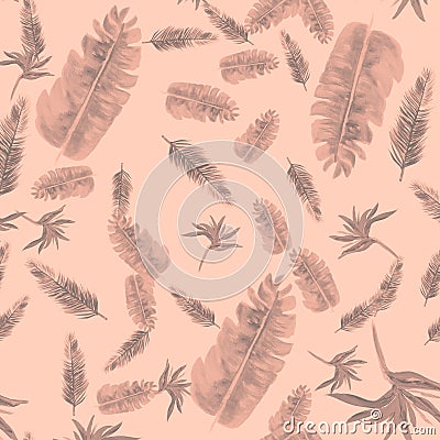 Coral Pattern Leaves. Gray Tropical Background. Pink Floral Textile. Watercolor Textile. Summer Painting. Garden Plant. Stock Photo