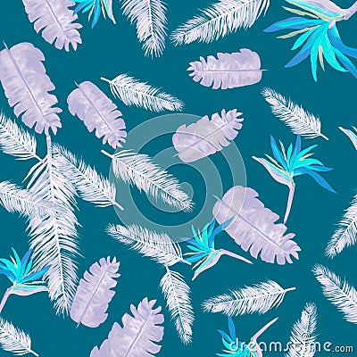 Coral Pattern Leaves. Navy Tropical Exotic. Cobalt Floral Design. Purple Flora Hibiscus. Indigo Decoration Textile. Stock Photo