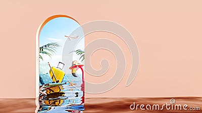 Coral pink empty wall with arch door and summer accessory looking at sea Stock Photo