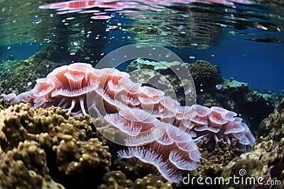 coral polyps with white tentacles filtering water for plankton Stock Photo