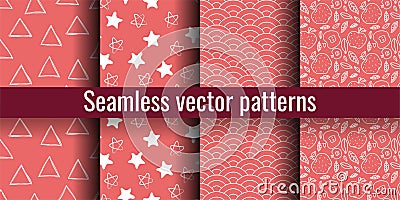 Coral red seamless pattern set. Triangle, star, wave and apple. Fashion print. Design elements for textiles or clothes. Hand drawn Vector Illustration