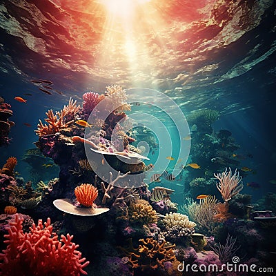 Coral reef colorful fish and sunny sky shining through clean ocean water. Cartoon Illustration