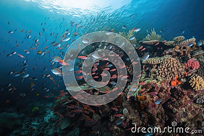 coral reef covered in schools of colorful fish and parrotfish Stock Photo