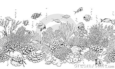 Coral Reef and Fishes Pattern Vector Illustration