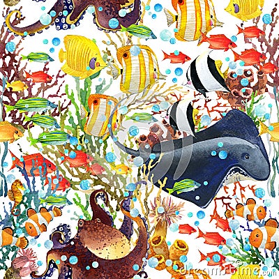 Coral reef seamless pattern. underwater world background. Cartoon Illustration