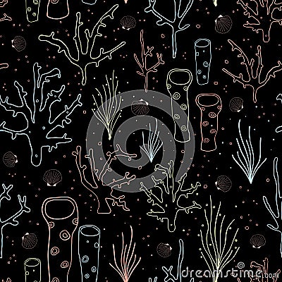 Coral reef seamless vector background black. Underwater pattern with bright neon corals, sea plants, seaweed, sponge, clams, Vector Illustration