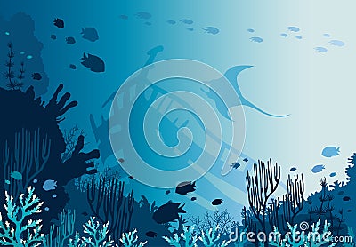 Coral reef, sunken ship, manta and underwater sea. Vector Illustration