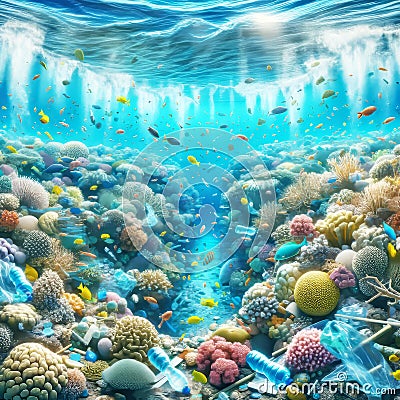 Coral Reef Underwater Ocean Pollution Contamination Plastic Bags Bottles AI Generated Stock Photo