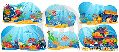 Coral reef, underwater sea life vector illustration, cartoon flat ocean aquarium or sea waters collection with seaweed Vector Illustration