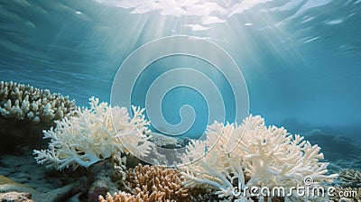 Coral reefs essential for biodiversity and coastal protection are bleached and dying due to ocean acidification caused Stock Photo