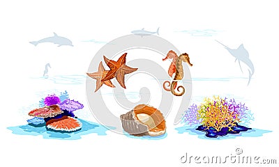 Coral reefs, starfishes, seahorses, veined rapa whelk, mollusks, invertebrates, fishes silhouettes. Vector Illustration