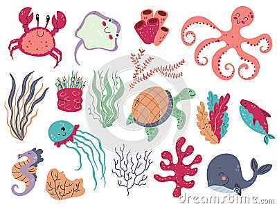 Coral and seaweed. Underwater flora and fauna, cute sea animals, ocean life, marine creatures, laminaria and jellyfish Vector Illustration