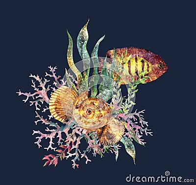 Coral, seaweeds, shell, fish design. Watercolor sea. Underwater flowers glowing in shining light. Shimmering sparkles Stock Photo