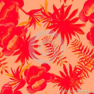 Coral Tropical Illustration. Scarlet Seamless Plant. Pink Pattern Nature. Ruby Flower Exotic. Red Drawing Plant. Stock Photo