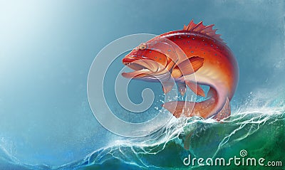 Coral trout on against the backdrop of sea waves. Cartoon Illustration