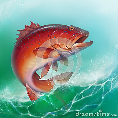 Coral trout on against the backdrop of sea waves. Cartoon Illustration