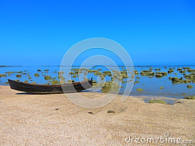 Coral view with boat found in saint martin island. Stock Photo