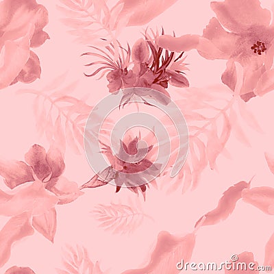 Coral Watercolor Set. Flush Flower Garden. Blur Seamless Backdrop. Pattern Garden. Tropical Textile. Isolated Set. Fashion Plant. Stock Photo