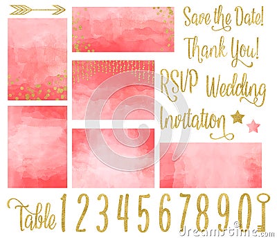 Coral Wedding Invitation Watercolor Set Stock Photo