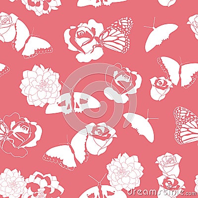 Coral and white butterflies and flowers. Stock Photo