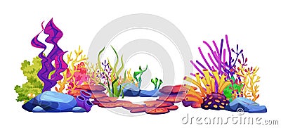 Corals and algae, seaweeds, stone sea bottom icons Vector Illustration