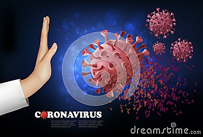 Coranavirus pandemic background. Hand destroying virus COVID - 19 Vector Illustration