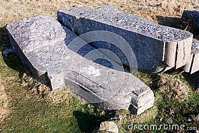 Corbels for old London Bridge abandoned on Dartmoor England. Stock Photo