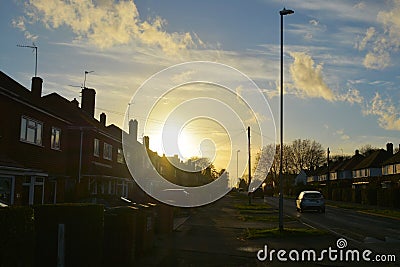 Corby, England. November 13 - Brick village traditional houses. Street view Stock Photo