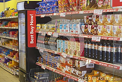 Corby, U.K., June 20, 2019 - interior of food supermarket. Shelfs with many products Editorial Stock Photo