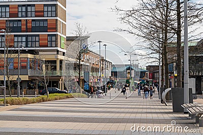 Corby, UK - 23 March, 2023 - Outdoor street, spring shopping town centre. English city view Editorial Stock Photo