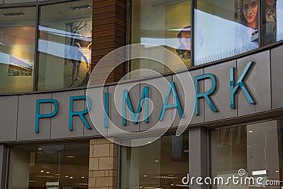 Corby, United Kingdom. April, 29, 2019 - Primark, Logo from exterior shop. The Major retail group operating stores in the UK Editorial Stock Photo