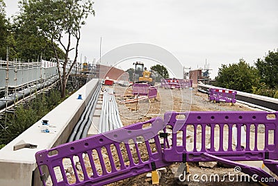 Corby, United Kingdom - August 29, 2018: Bridge repair. Metallicheskie support of the bridge. Carried out scheduled repair work on Editorial Stock Photo