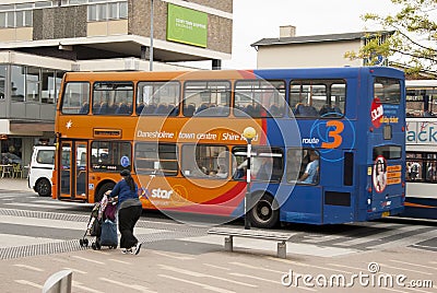 Corby, United Kingdom - august 28, 2018: english double-decker bus on street. Editorial Stock Photo