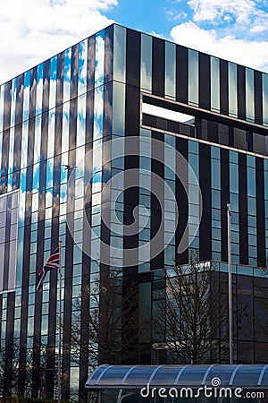 Corby, United Kingdom - 01 January 2019 - Corby Cube building, Corby Borough Council. Modern cityscape with office buildings Editorial Stock Photo