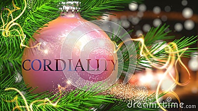 Cordiality and Christmas holidays, pictured as a Christmas ornament ball with word Cordiality and magic beams to symbolize the Cartoon Illustration