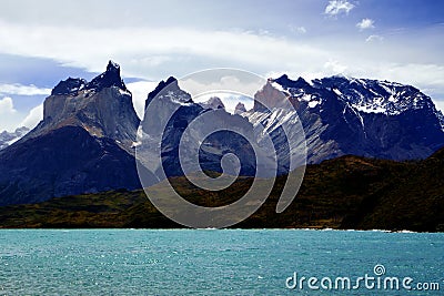 Cordillera Paine and Pehoe Lake in `Torres del Paine` National Park Stock Photo