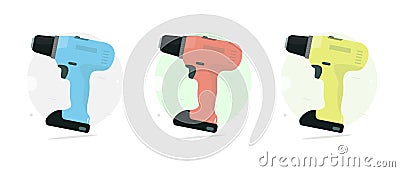 Cordless drill. Set color. Power tool. Vector Illustration