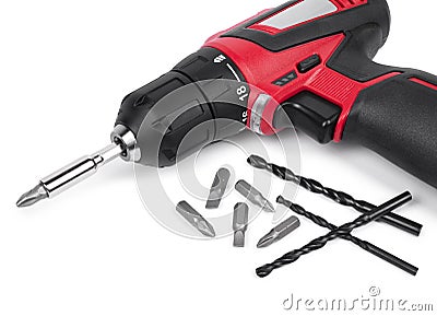 Cordless electric screwdriver with drill bit set Stock Photo